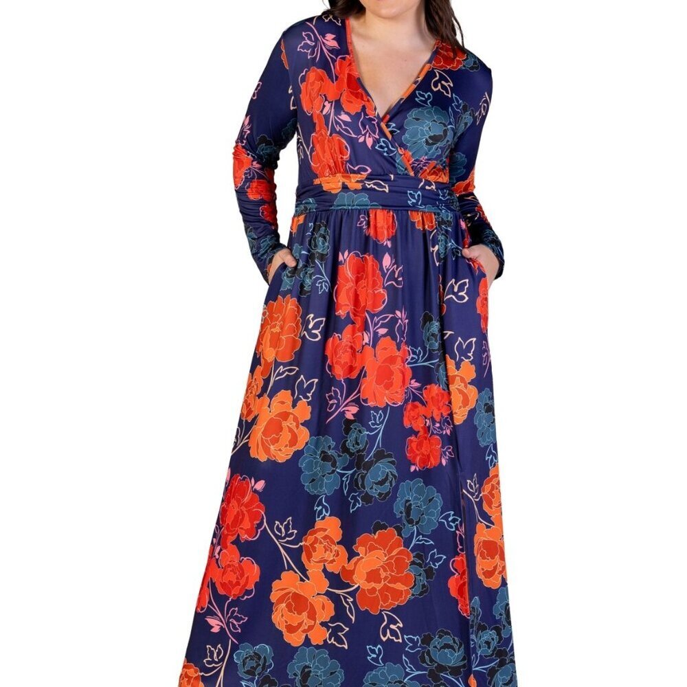 24seven Comfort Apparel Plus‑Size Floral Maxi Dress – Navy Multi 1X  NWT